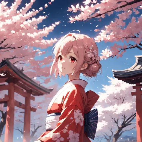 masterpiece, best quality, movie still, 1 girl, girl in white and red kimono, japanese pagodas, cherry blossom trees, facing to the sky, bright, happy, warm soft lighting