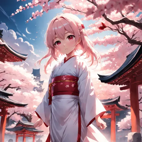 masterpiece, best quality, movie still, 1 girl, girl in white and red kimono, japanese pagodas, cherry blossom trees, facing to the sky, bright, happy, warm soft lighting