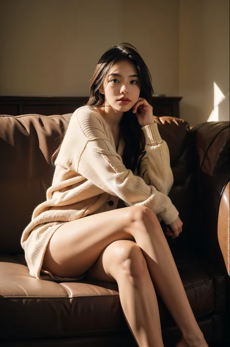 1girl,sitting on a cozy couch,crossing legs,soft light