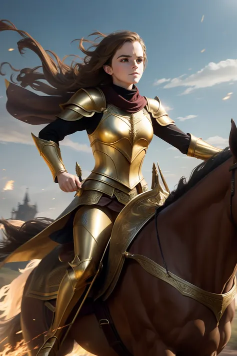 Emma Watson equipped in shimmering golden armor, fearlessly charging into battle on horseback.