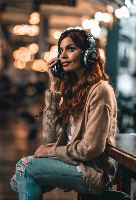 mulher loira de cabelos grandes e lisos fazendo um podcast, com fones de ouvido, behind a microphone, mulher loira, cabelos longos, red-lips, com grandes peitos, foto realista, fotorrealista, 16k, alta resolução, olhando para o telespectador