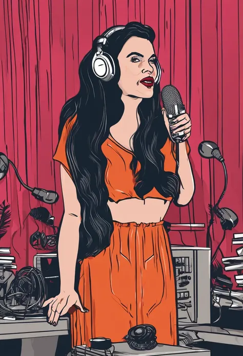 mulher loira de cabelos grandes e lisos fazendo um podcast, com fones de ouvido, behind a microphone, mulher loira, cabelos longos, red-lips, com grandes peitos, foto realista, fotorrealista, 16k, alta resolução, olhando para o telespectador