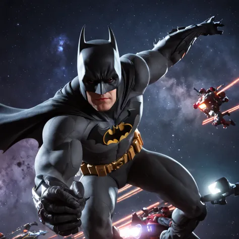 gere uma imagem de selfie com os personagens Batman, Super Mario Bros, Sonic, Naruto, Goku e Spiderman em um fundo espacial deslumbrante. The characters are positioned in full body, displaying captivating expressions. The lighting is soft, destacando os de...