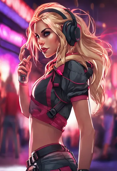 Realistic photo: blonde gamer girl leaning against camera, foto de frente acima, Capuz vermelho, fones de ouvido gamer brancos grandes, medium breasts, top branco apertado:1.2, clivagem, pink bra:1.2, Olhando para o Viewer, cores suaves, Cinematic lighting...