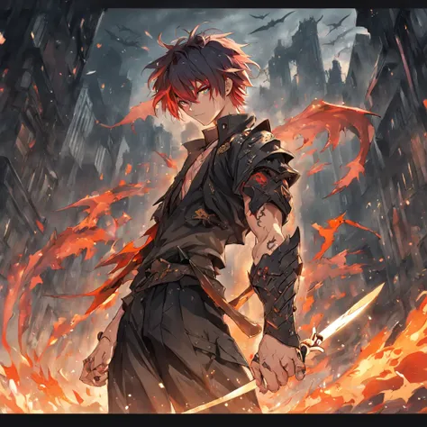 white boy, long red hair, green eyes, a dragon tattoo on his right arm, dragons wings, scaled face, a sword in his right hand, destroyed city, fallen buildings, dark environment