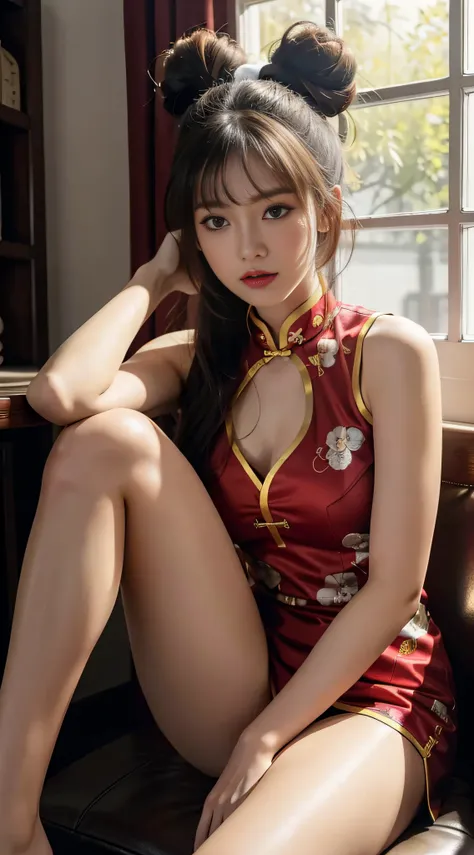 Superior Quality, Masterpiece, Ultra High Resolution, (Photorealistic: 1.4), a girl sitting with her legs open, wearing a Chinese outfit, beautiful legs, big white hair, bangs, bun, detailed face, Asian, yellow eyes, open chest