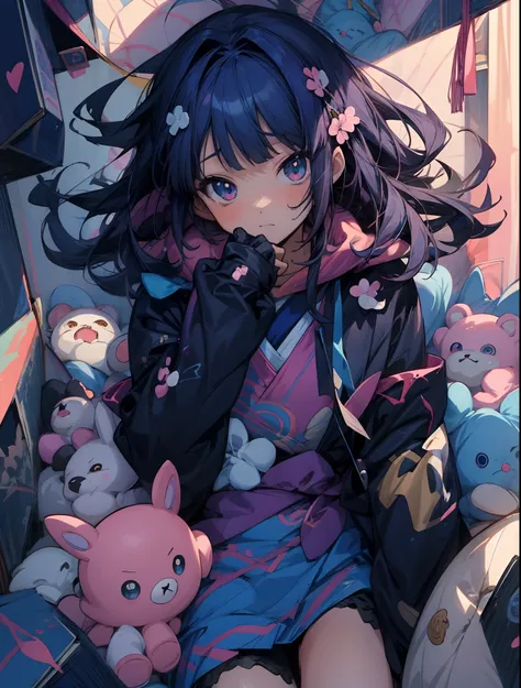 anime girl with a bunch of stuffed animals in her lap, anime style 4 k, anime aesthetic, anime art wallpaper 4 k, anime moe artstyle, anime art wallpaper 4k, anime style. 8k, anime vibes, anime art wallpaper 8 k, detailed digital anime art, anime style ill...