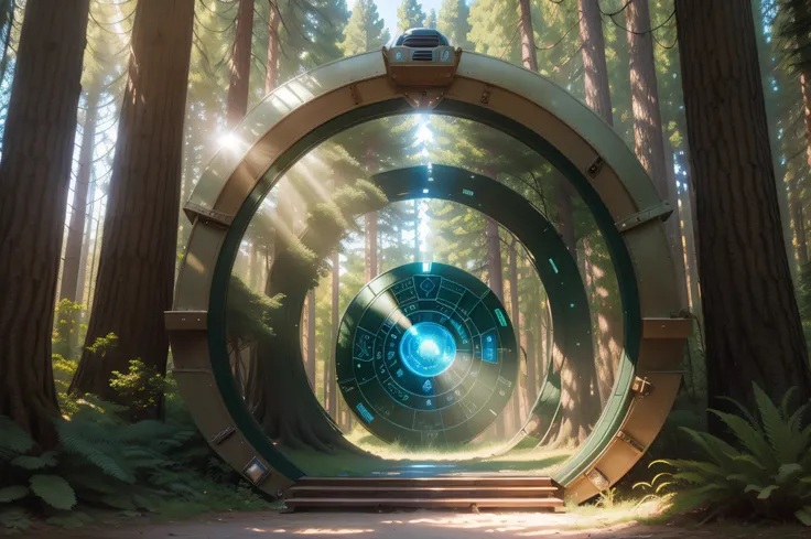 (pine forest:1.0),  (vintage airstream trailer stargate portal:1.3), (visitor:1.0), winding forest path, sensual, fantasy art, epic fantasy digital art style, afternoon, sun rays, blue light