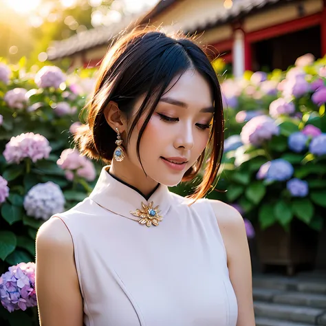 (((Upper body photo, medium shot)))), ((Single eyelid))),(Sunset backlight))),((Lens flare)),((Lens flare)),(In Chinese garden in china clothes)),((Super Soft Focus))))), smiling, (Profile)))))), (Eyes closed)))), twilight, showeringSurrounded by colorful ...