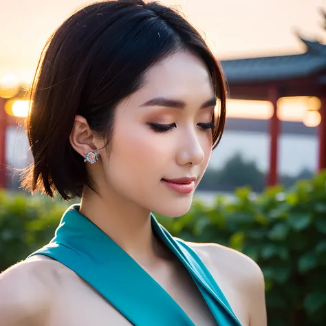 (((Upper body photo, medium shot)))), ((Single eyelid))),(Sunset backlight))),((Lens flare)),((Lens flare)),(In Chinese garden in china clothes)),((Super Soft Focus))))), smiling, (Profile)))))), (Eyes closed)))), twilight, showeringSurrounded by colorful ...