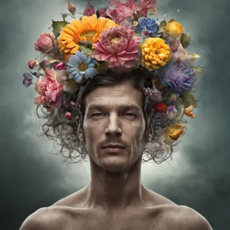 Em um retrato surreal bonito, An intriguing man emerges with a hat adorned with flowers on his head. The image is a true surrealist digital work of art, inspired by the magical creations of Maxim Verehin. Every detail of the illustration is impressive, wit...