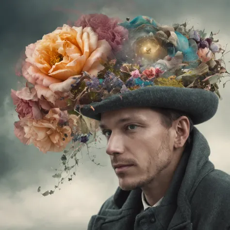 Em um retrato surreal bonito, An intriguing man emerges with a hat adorned with flowers on his head. The image is a true surrealist digital work of art, inspired by the magical creations of Maxim Verehin. Every detail of the illustration is impressive, wit...