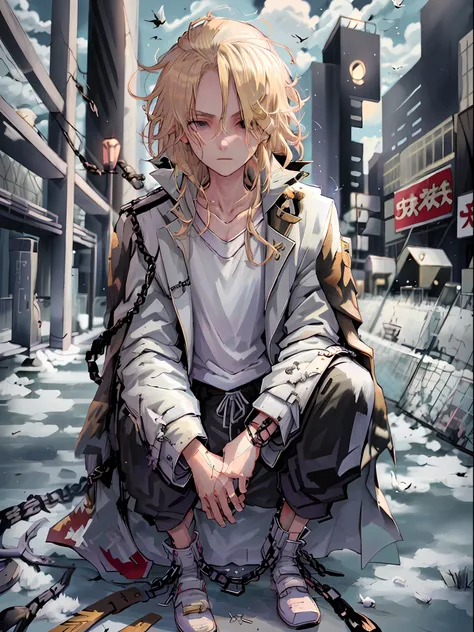 mikey, manjiro_sano, tokyo_revengers, 1boy, male focus, blonde hair, black eyes, squatting, pants, shirt, long sleeves, solo, white shirt, full body, jacket, outdoors, hair over one eye, jacket on shoulders, long hair, looking at viewer, closed mouth, empt...