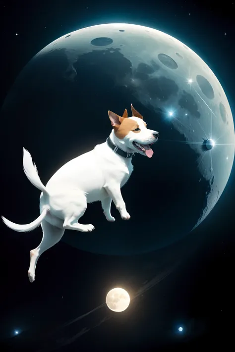 a jack russel terrier floating in space with moon and stars