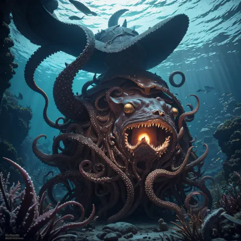 (extremadamente detallado, obra maestra, La mejor calidad, Under the Ocean), Estilo oscuro, volumetric illumination. armadura medieval, rostro con arrugas, lengua larga, tentacle, deforme, imagen submarina vista desde el exterior, pico de pulpo amenazante....