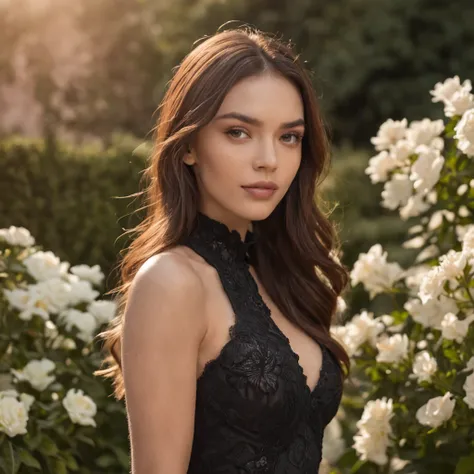 midshot of a young woman, Irina Shayk, turtle-neck black dress, very elegant, in a garden at the golden hour, flowers, rule of thirds, high quality background, ultra detailed scenery, ultra sharp focus, shot by MSchiffer