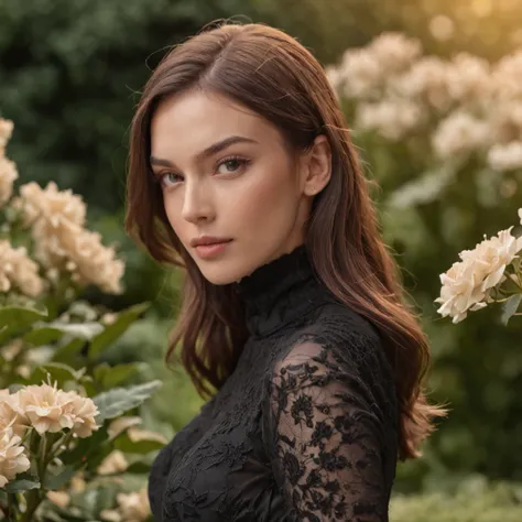 midshot of a young woman, Irina Shayk, turtle-neck black dress, very elegant, in a garden at the golden hour, flowers, rule of thirds, high quality background, ultra detailed scenery, ultra sharp focus, shot by MSchiffer