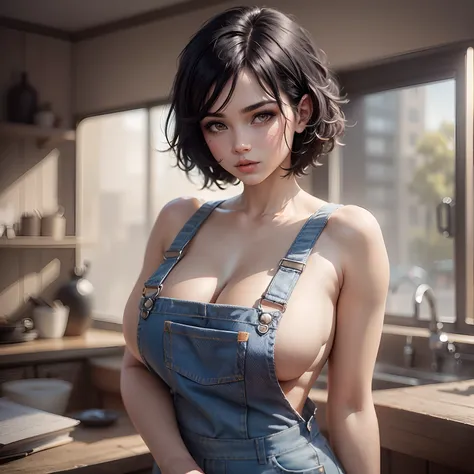 1 voluptuous woman, short black hair, hairstyle pixie, eyes, environment change scene, Female, wearing "jeans overalls" "without shirt", uncovered shoulders, (simple background, white background: 1.3), illustration, ((masterpiece)), (((best quality))), UHD...