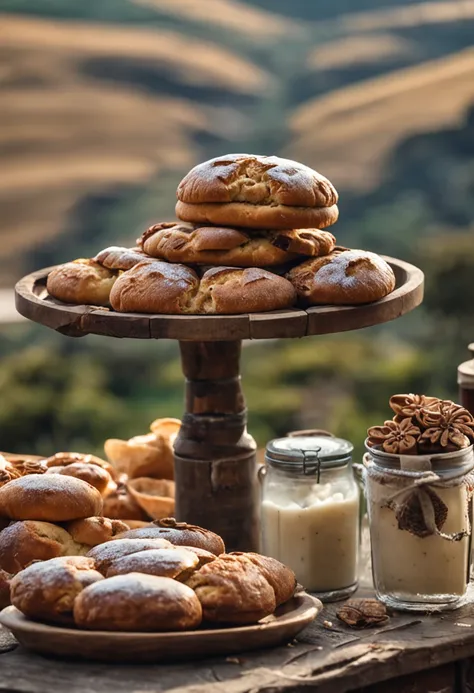 A rustic table, com almofadas do tipo poof macias e aconchegantes, Up the table are breads and biscuits, montada no alto de um mirante em uma montanha, por do sol