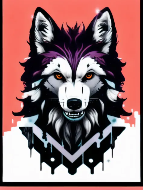 psicodelic, Imagem , design de camiseta, isolado, fundo preto, anime illustration, lobo branco