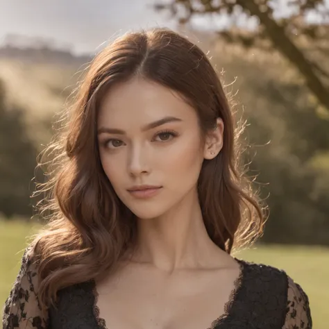 midshot of a young woman, Irina Shayk, turtle-neck black dress, very elegant, in a garden at the golden hour, flowers, rule of thirds, high quality background, ultra detailed scenery, ultra sharp focus, shot by MSchiffer, volumetric light, high detailed, 4...