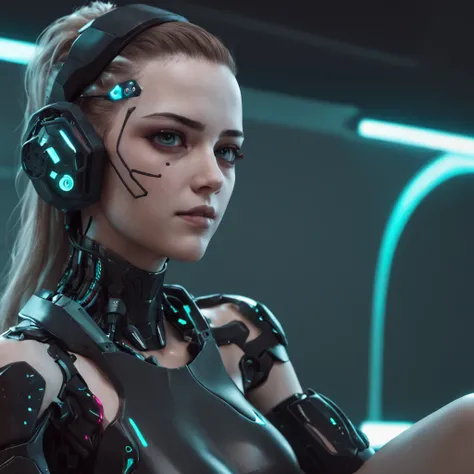 Emma as a woman with a robotic piece, ::style futurista cyberpunk, Estilo realista, ::n_style pintura digital, Shape parts. rosto deformado