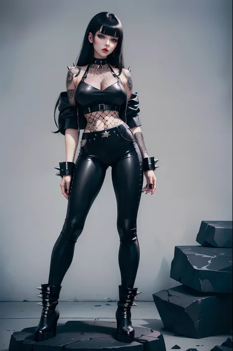 Woman, big chest, thin waist, thick thighs, long black hair with bangs, pale skin, goth makeup, black leather pants, Big black plataform boots, fishnet, punk style, choker spikes, bracelet spikes rock,