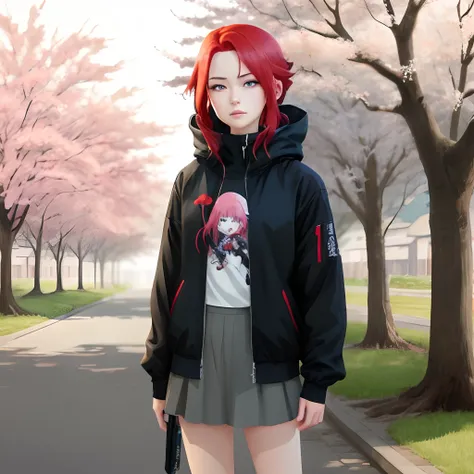 anime girl with red hair and blue eyes standing in front of a tree, an anime drawing inspired by Maki Haku, tumblr, shin hanga, sakura haruno, crimson red hair and red eyes, anime style”, haruno sakura, erza scarlet as a real person, she has red hair, saku...