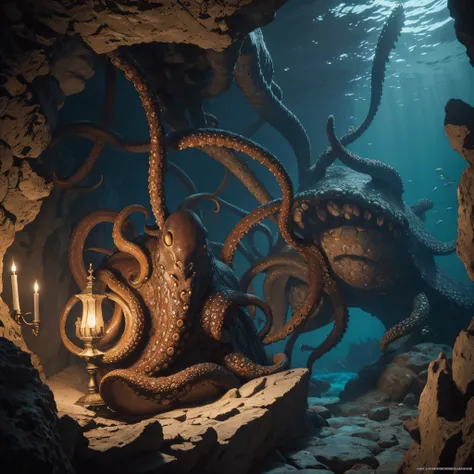 (extremadamente detallado, obra maestra, La mejor calidad, Under the Ocean), Estilo oscuro, volumetric illumination. armadura medieval, rostro con arrugas, lengua larga, tentacle, deforme, imagen submarina vista desde el exterior, pico de pulpo amenazante....