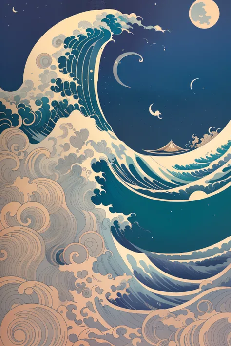 There is a painting of a wave in the ocean with a full moon, Victo Ngai e Tristan Eaton, Estilo Victo, inspirado em Katsuchika Hokusai, Victo Ngai e o Surrealismo, inspirado em Victo Ngai, Botticelli e Victo Ngai, Victo ngai! cores silenciadas