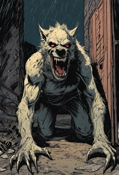 Terrifying horror artwork featuring a menacing full-bodied werewolf with razor-sharp teeth, lurking in the eerie darkness of an abandoned building.