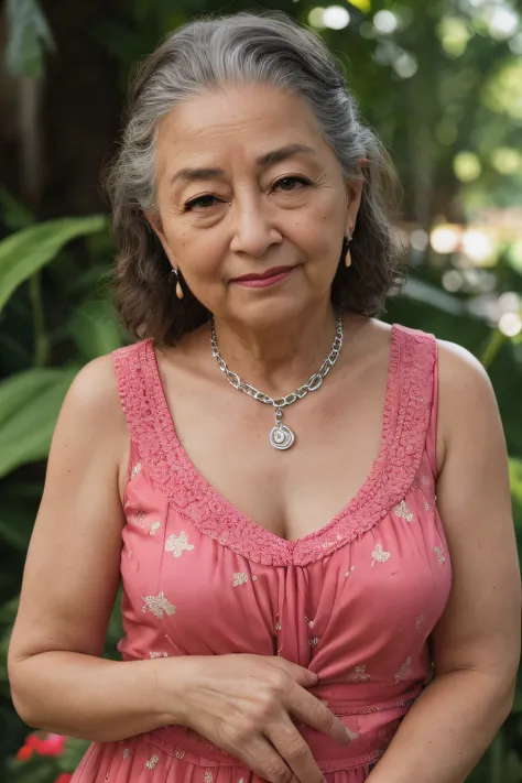 Foto RAW, retrato de uma mulher bonita de 70 anos, rosto enrugado, pink summer dress, Afiado completo, Rosto detalhado, olhos azuis, (pele altamente detalhada:1.2), 8k UHD, DSLR, soft lighting, alta qualidade, filmic grain, Fujifilm XT3. chain in the neck,...