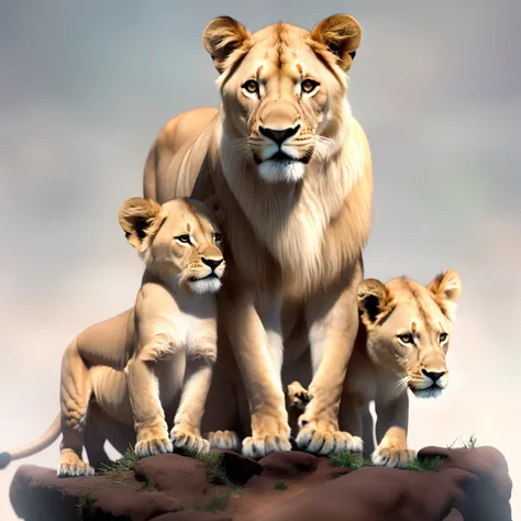 Loving Mother Lioness with two little lion cubs, sitting on a white background, lions, a family portrait, lioness, ultrarealistic illustration, Lisa Parker, realistic illustration, proud look, digitalpainting, ultrarealistic illustration, Extremely realist...