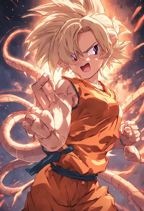 Personaje femenino al estilo Dragon Ball, Sensual and dynamic fighting pose, Fist in front