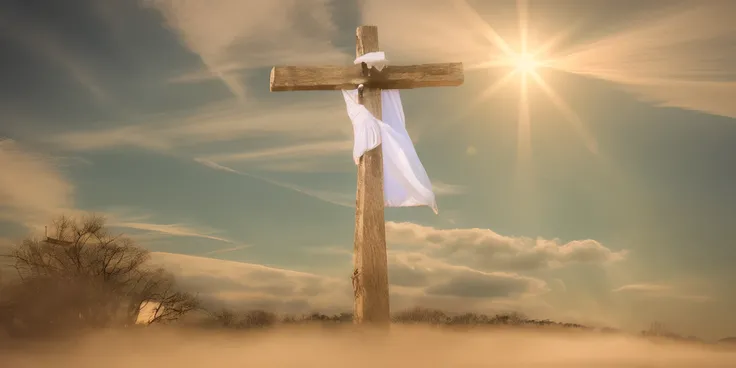 There is a cross with a white cloth in the sky, cruz, Jesus na Cruz, Jesus na Cruz, Crucifixo, cross composition, crucifixion, Jesus Cristo na Cruz, Cruzes, religioso, Santa Cruz, Sombra da Cruz, easter, Jesus Cristo, Ver, usando cruz no manto, Directed by...