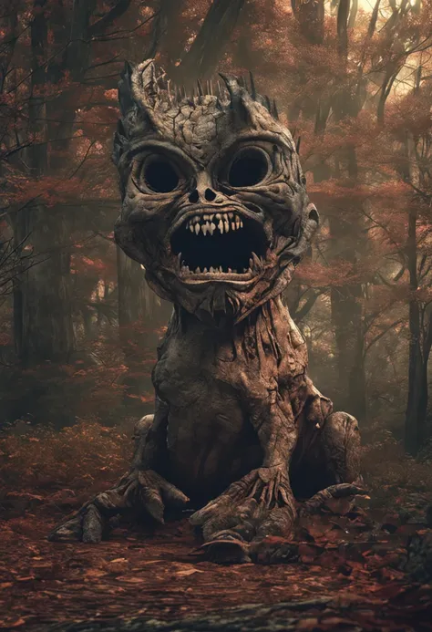 Arte de terror, hombre lobo, cottage in the forest, Flora, Ambiente oscuro, Cryptid of Poland, dientes afilados, terrifying, Renderizado de cuerpo completo, dynamic