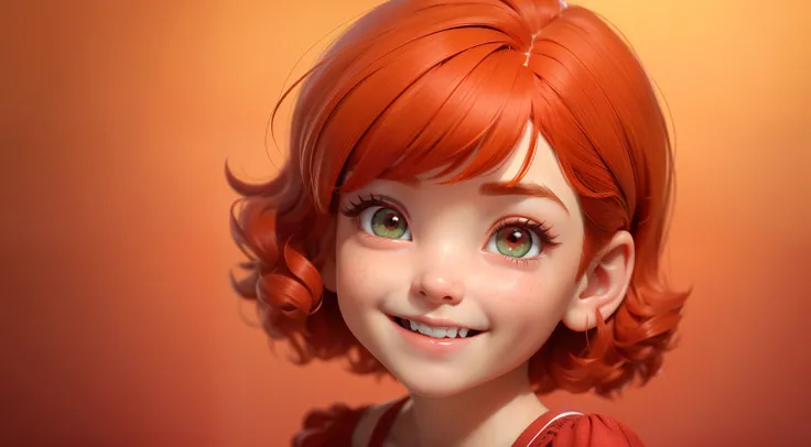 a happy little girl with red hair, beautiful face,short hair with bangs, wearing a red dress with a strawberry texture,red eyes,Speaking with little boy with orange hair, orange clothes, green eyes,happy face,beatifull face in the style of a Disney Pixar c...