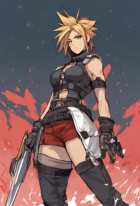 "Create a stunning 4k FEMALE character design in the Mirco Cabbia artstyle, merging Cloud Strife from Final Fantasy VII and I-No from Guilty Gear Strive into a anime-inspired artwork."