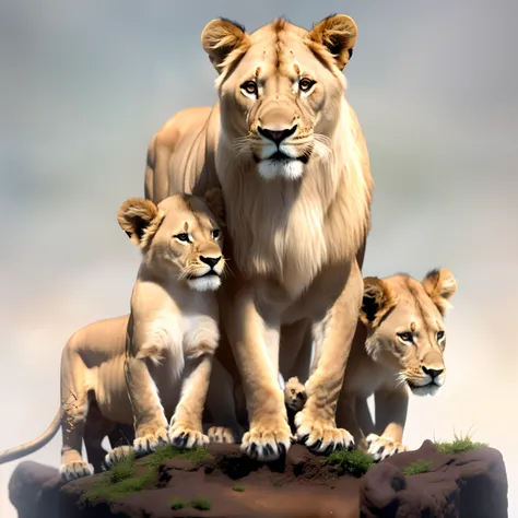 Loving Mother Lioness with two little lion cubs, sitting on a white background, lions, a family portrait, lioness, ultrarealistic illustration, Lisa Parker, realistic illustration, proud look, digitalpainting, ultrarealistic illustration, Extremely realist...