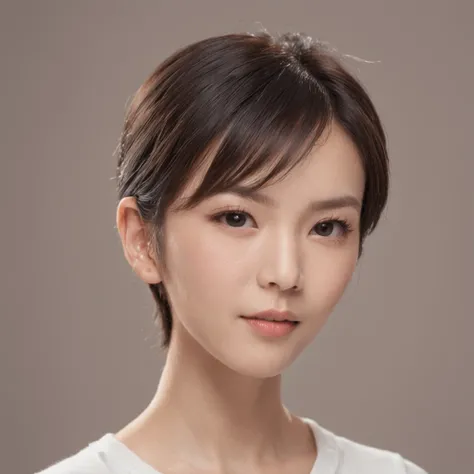 There is an Asian woman, with accurate features, strong jawline, slightly pointed ears, short pixie hair, dynamic angle shot, No extra ears, neck zoomed in, side view profile centered, wide high angle view, Two pointed ears，Side photo in sportswear