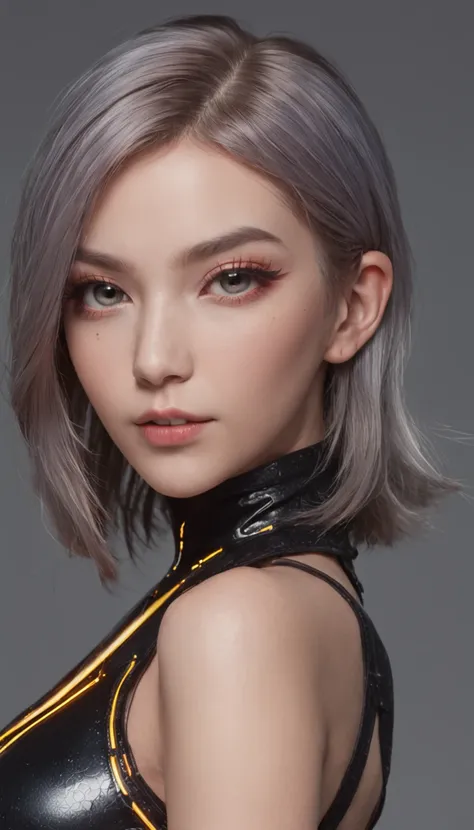 best quality, highly detailed, ultra-detailed, illustration, masterpiece,extremely detailed eyes and face, incredibly_absurd resolution, (A sharp asymmetrical bob with vibrant neon streaks hair) , 1girl, wearing A sleek black bodycon mini dress with metall...