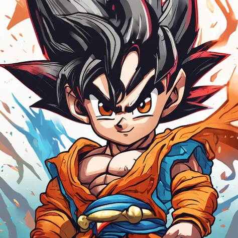 A detailed illustration of a print of a vivid chibi Goku do anime dragon ball , fantasy splash, 2023 t-shirt design, dark colors, 3D vector art, cute and quirky, fantasy art, watercolor effect, bokeh, Adobe Illustrator, hand-drawn, digital painting, low-po...