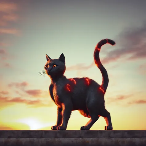 (nvinkpunk:1.2) (estilo snthwve:0.8) gato, anthro, lightwave, sun sunset, intrincado, altamente detalhado