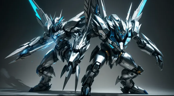 Silver-blue mecha wolf sculpture，Mechanical skin，Crawling attack stance，Silver mechanical articulated wing detailing，Explosive effect，Load weapon knives，Wallpapers of the highest quality，