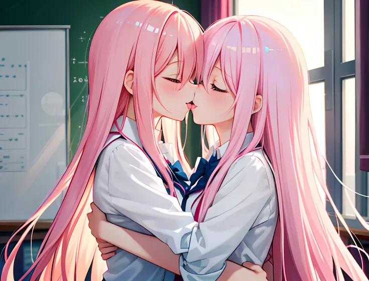 HighestQuali，Both stick out their tongues，deep kisses，Kiss，2girls，Girl1：adolable，A pink-haired，long whitr hair，girl 2：adolable，A pink-haired，long whitr hair，Symmetrical_docking，kissing and hugging，In the classroom，The same clothes，hair straight