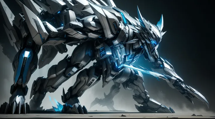 Silver-blue mecha wolf sculpture，Mechanical skin，Crawling attack stance，Silver mechanical articulated wing detailing，Explosive effect，Load weapon knives，Wallpapers of the highest quality，