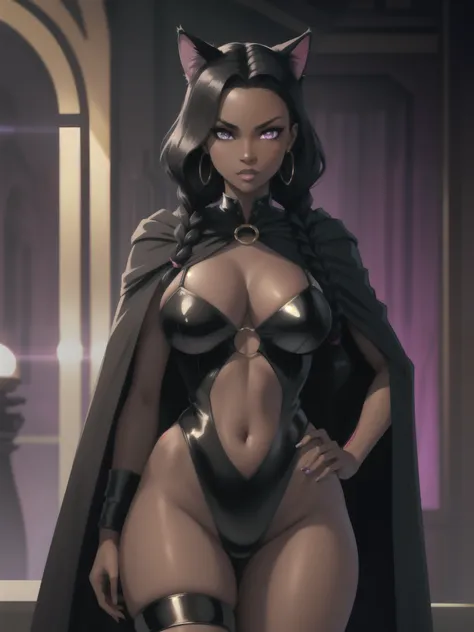 Concept art, Masterpiece, Excellent Quality, 1girl, solo, complex details, color diffusion, close-up shot, African-American female, dark-skinned female, brown skin, thighs and hips, cat ears, black hair, dark hair, braids, purple eyes, amazon attire, epic ...