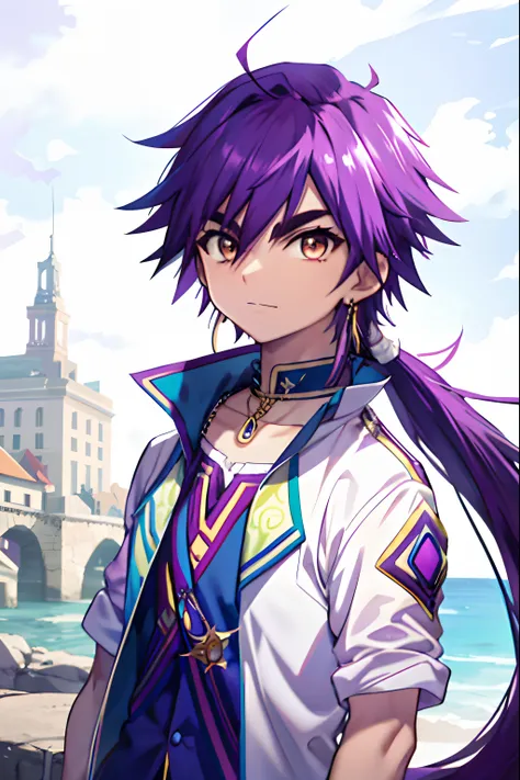 masterpiece, best quality, high quality, 1boy, solo, male focus, view the viewer, upper body, sinbad_maggie, purple hair, jewelr...