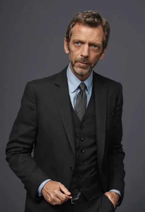 um homem, master part, extremamente detalhado, melhor qualidade, Com trajes terno preto, extremamente detalhado, como Dr. Gregory House. (8k, qualidade superior, melhor qualidade, obra-prima, altamente detalhado: 1.2), (de meio corpo:1.3)