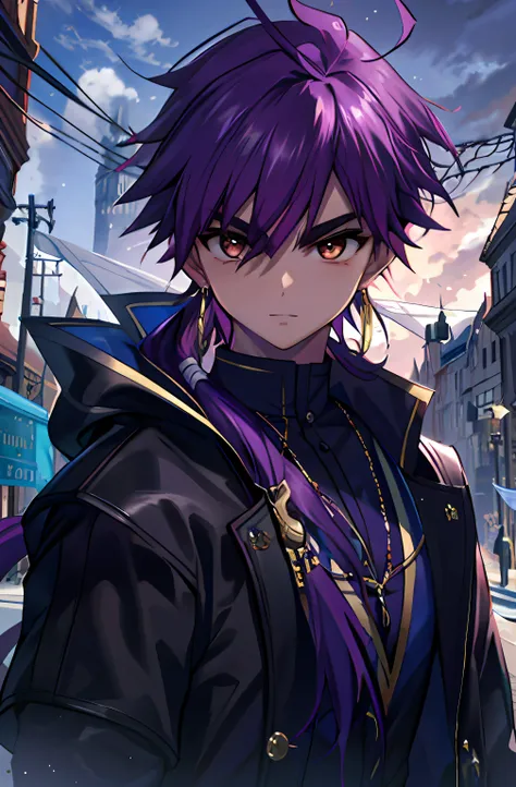 masterpiece, best quality, high quality, 1boy, solo, male focus, view the viewer, upper body, sinbad_maggie, purple hair, jewelr...